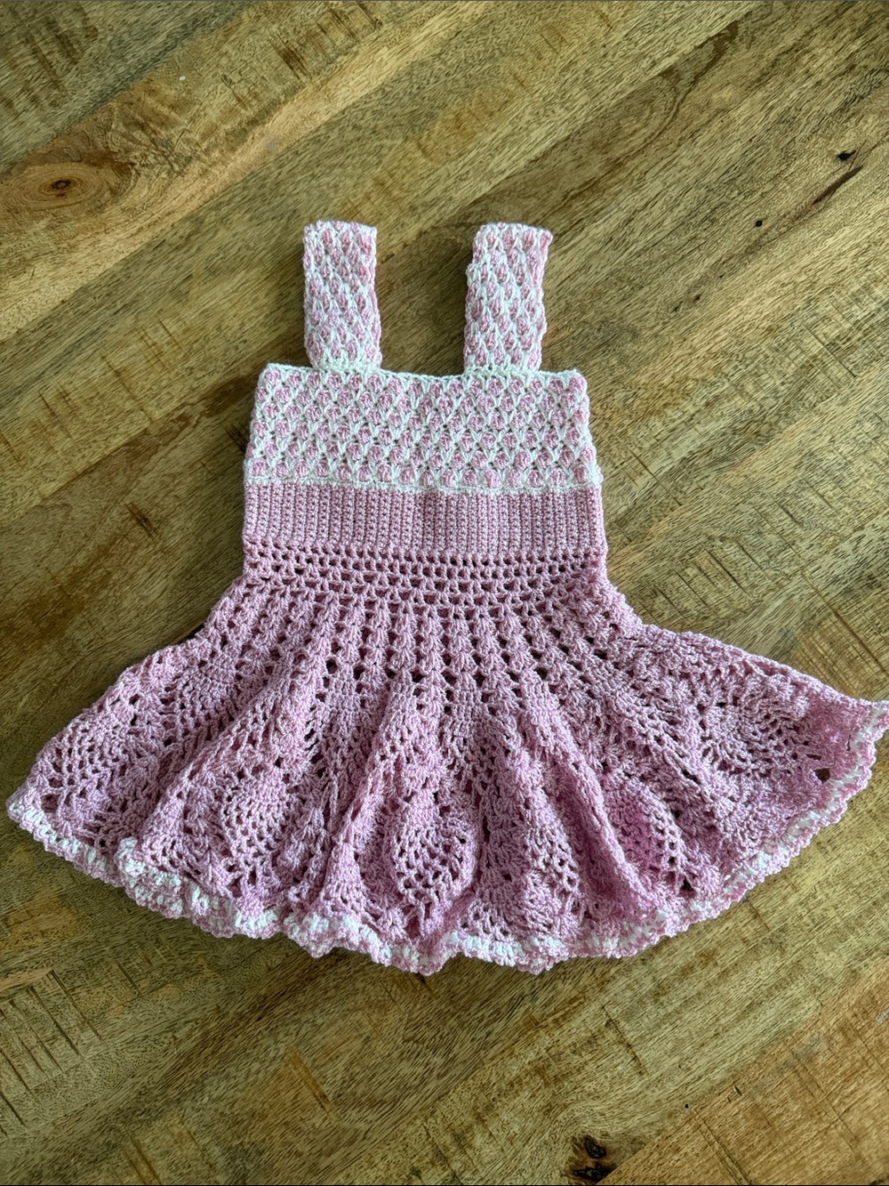 Handmade Pink Crochet Baby Dress with White Trim NWOT